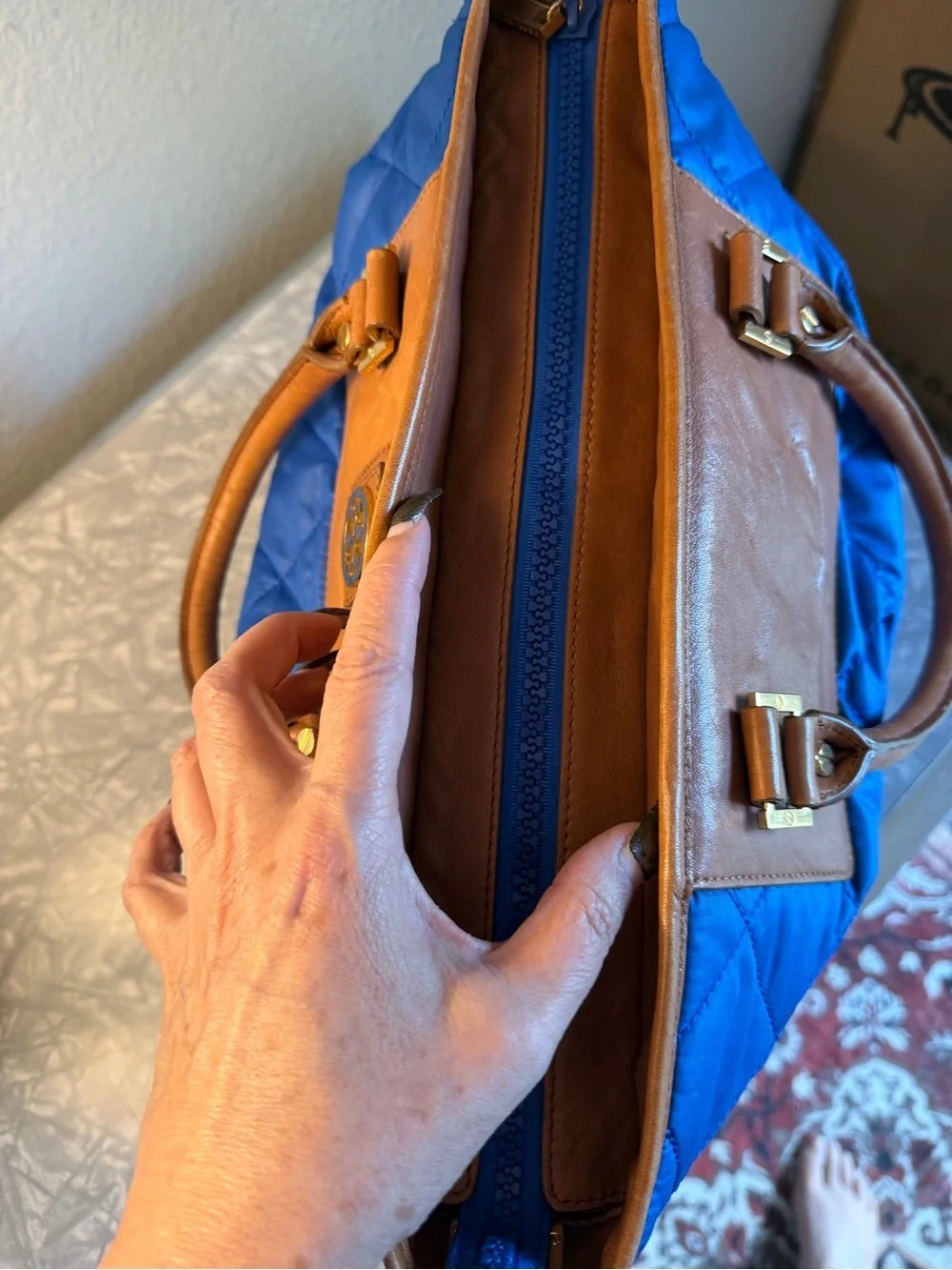 EUC Tory Burch Leather & Quilted Blue Tote. - Picture 6 of 12
